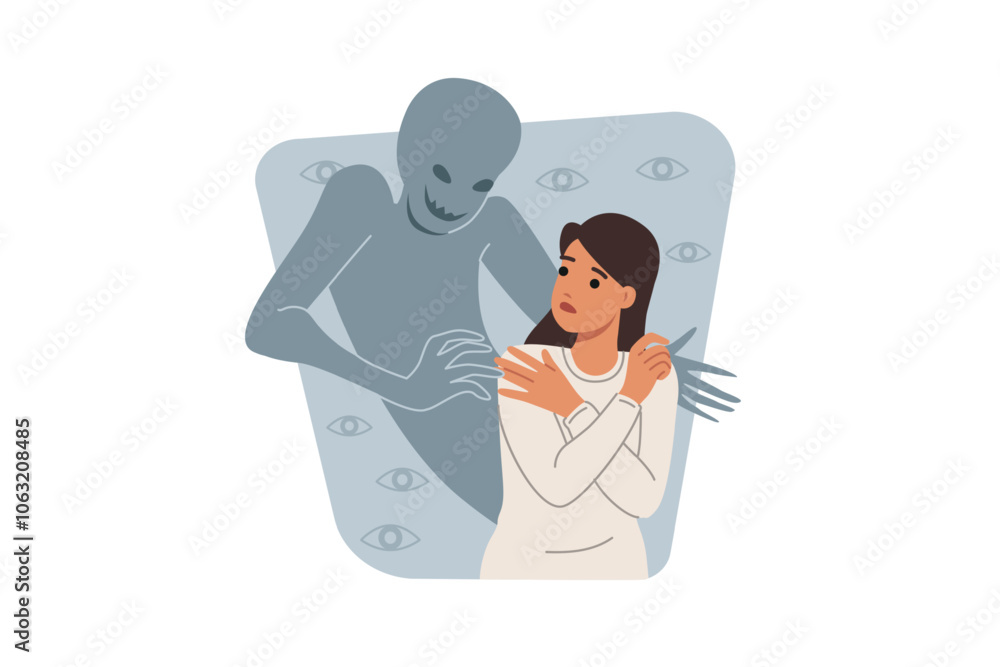 Defenseless woman hallucinations seeing ghost due to psychological disorder or schizophrenia. Girl suffers from hallucinations after mental trauma or taking drugs that destroy personality.