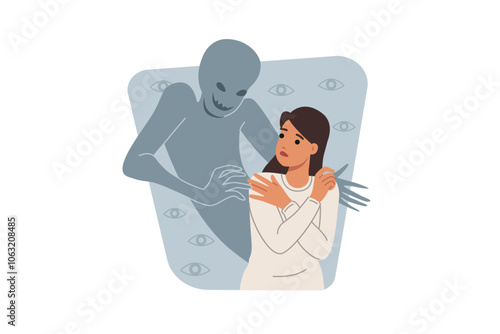 Obraz na płótnie Defenseless woman hallucinations seeing ghost due to psychological disorder or schizophrenia. Girl suffers from hallucinations after mental trauma or taking drugs that destroy personality. w salonie