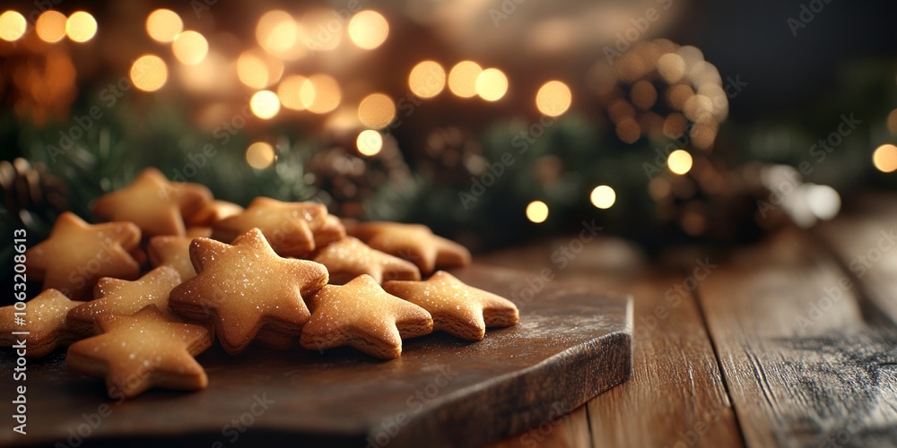 Golden star-shaped cookies on a wooden board create a cozy, festive atmosphere. The warm glow of holiday lights enhances the scene. Perfect for seasonal celebrations. AI Golden star-shaped cookies on a wooden board create a cozy, festive atmosphere. The warm glow of holiday lights enhances the scene. Perfect for seasonal celebrations. AI