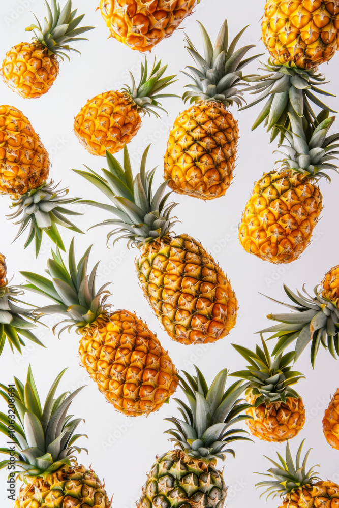 Various falling fresh ripe pineapple on light white background Various falling fresh ripe pineapple on light white background