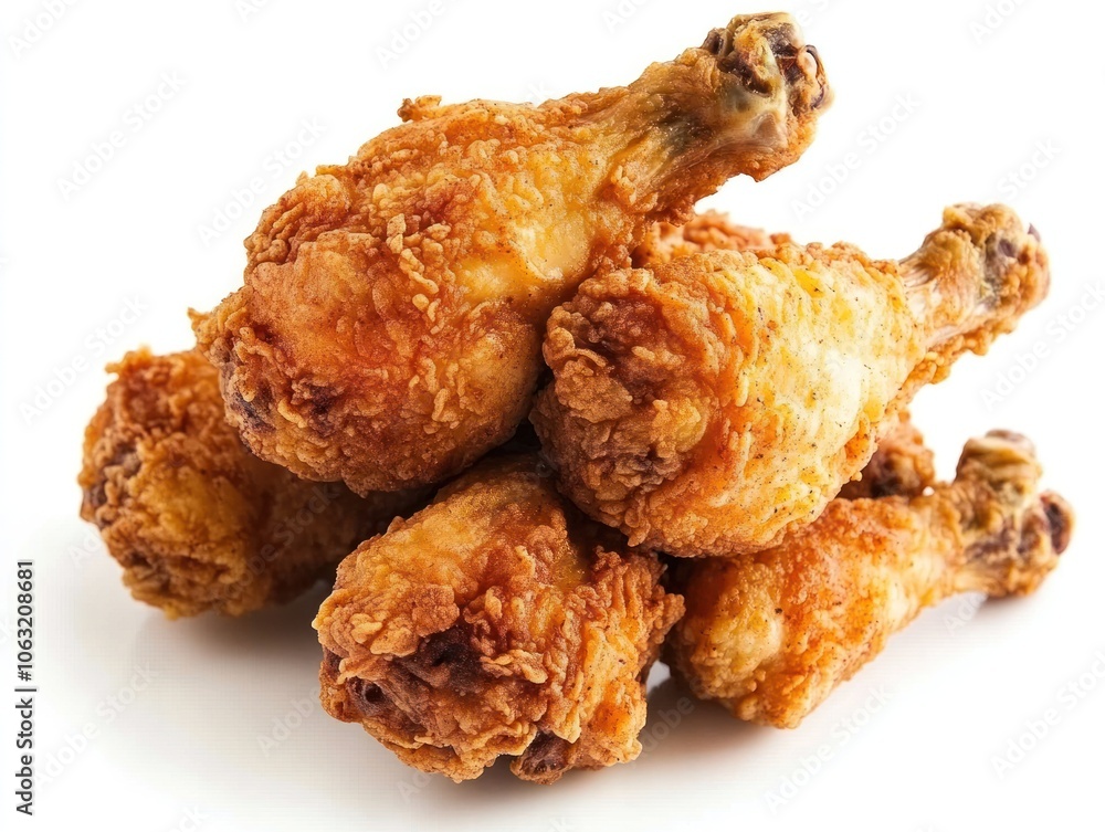 A stack of crispy fried chicken pieces with a golden-brown, crunchy texture Isolated on white background A stack of crispy fried chicken pieces with a golden-brown, crunchy texture Isolated on white background