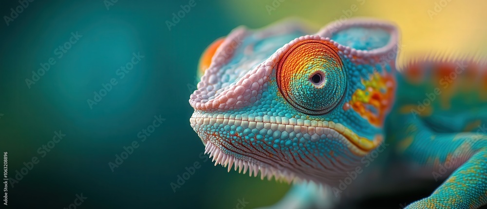 Obraz premium A vibrant chameleon showcasing striking colors and intricate textures, set against a blurred, colorful background.