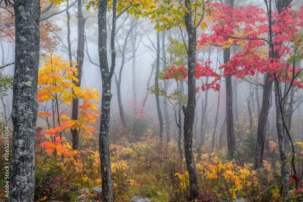 Naklejka premium Foggy fall forest with mist weaving through the trees and leaves in vibrant autumn colors