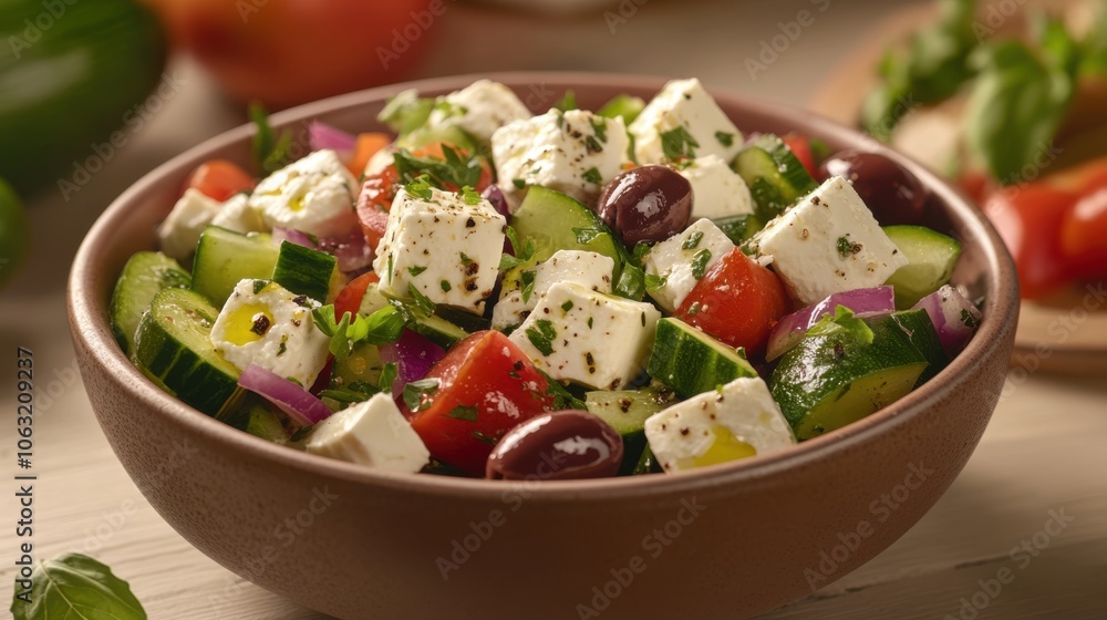 A delicious bowl of Greek salad with chunks of feta, kalamata olives, A delicious bowl of Greek salad with chunks of feta, kalamata olives,