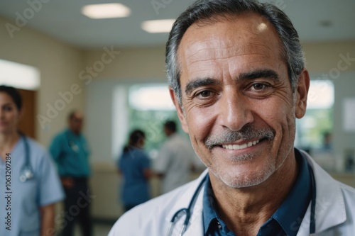 Close portrait of a smiling senior Costa Rican man doctor looking at the camera, Costa Rican hospital blurred background photo