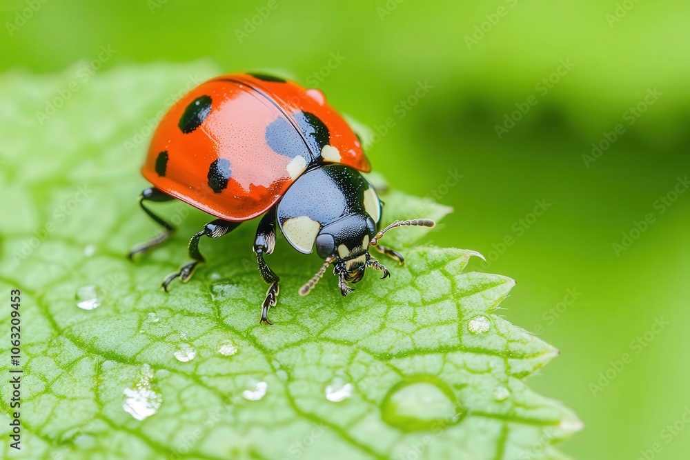 A vibrant ladybug perched on a dewy green leaf, showcasing its distinctive red shell adorned with black spots. A vibrant ladybug perched on a dewy green leaf, showcasing its distinctive red shell adorned with black spots.