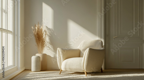 Contemporary living room interior with a stylish armchair and decorative elements set against a clean white wall