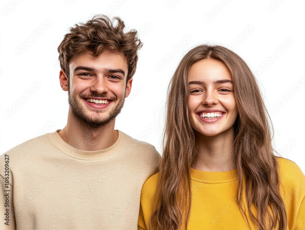 Cheerful young couple standing side by side, both smiling and showing their healthy white teeth while gazing at the camera Isolated on white background Cheerful young couple standing side by side, both smiling and showing their healthy white teeth while gazing at the camera Isolated on white background