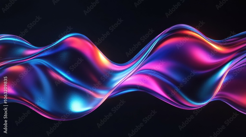 Abstract liquid glass holographic iridescent neon curved wave in motion dark background 3d render. Gradient design element for banners, backgrounds, wallpapers and covers. Abstract liquid glass holographic iridescent neon curved wave in motion dark background 3d render. Gradient design element for banners, backgrounds, wallpapers and covers.