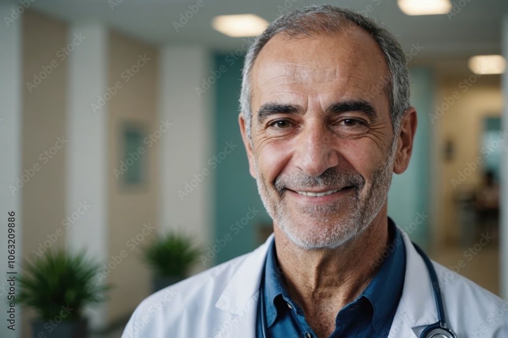 Close portrait of a smiling senior Cypriot man doctor looking at the camera, Cypriot hospital blurred background Close portrait of a smiling senior Cypriot man doctor looking at the camera, Cypriot hospital blurred background