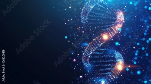 Abstract DNA double helix in futuristic technology style. Science concept. DNA blue background. Genetic and biology vector illustration. Digital gene