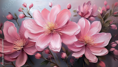 Fototapeta Naklejka Na Ścianę i Meble -  Abstract oil painting of pink flowers. Floral art. Beautiful nature. Hand drawn