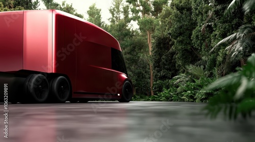 A bold red futuristic truck is parked in a pristine forest environment, showcasing a blend of advanced automotive design and the simplicity of nature's beauty. photo