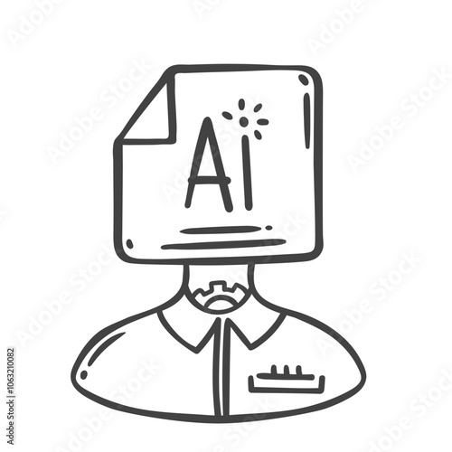 Portrait of office worker with AI text instead of face line icon. Outline hand drawn employee with gear and digital brain. Artificial intelligence mascot, AI assistant icon vector illustration