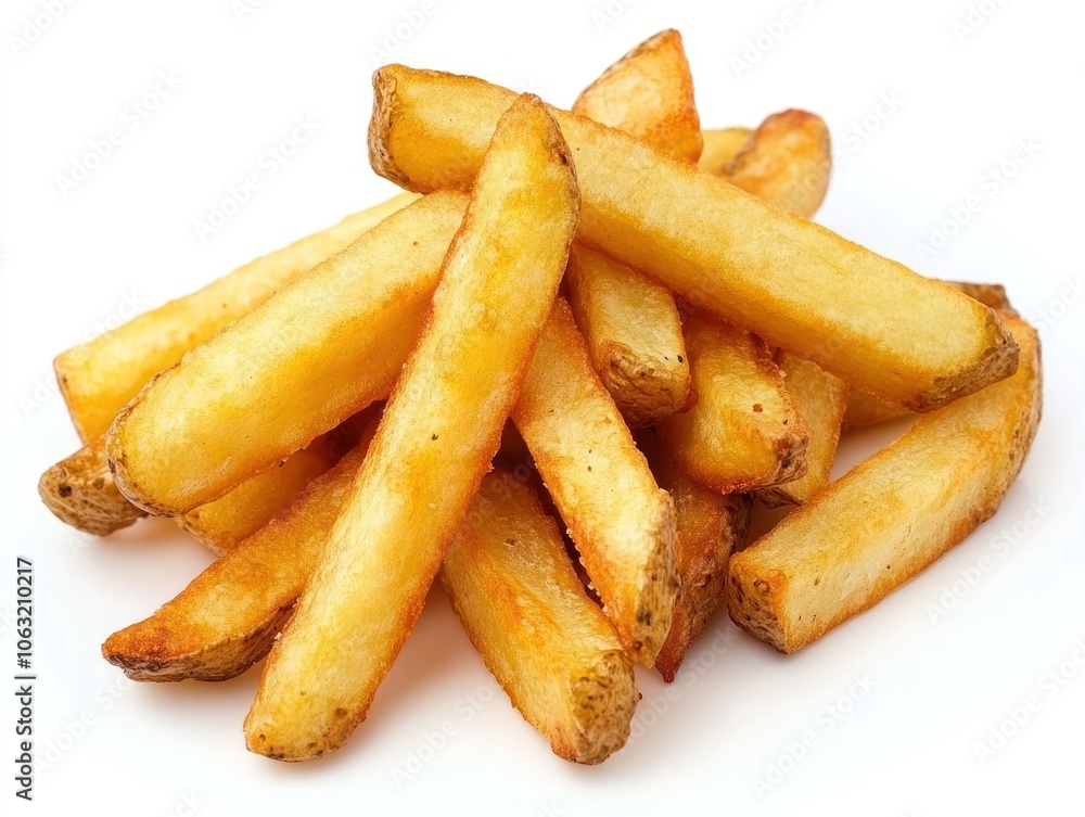 Close-up of perfectly cooked French fries with a crunchy outside and soft inside Isolated on white background Close-up of perfectly cooked French fries with a crunchy outside and soft inside Isolated on white background