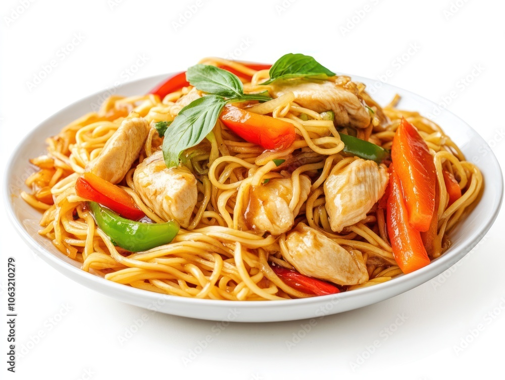 Close-up of stir-fried noodles with chicken, peppers, and carrots in a savory sauce Isolated on white background Close-up of stir-fried noodles with chicken, peppers, and carrots in a savory sauce Isolated on white background