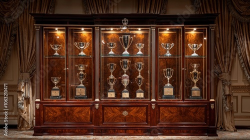 luxurious trophy cabinet displayed in an opulent room. The cabinet is made from polished mahogany, with glass doors that reveal a stunning array of trophies and awards