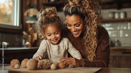 A joyful moment as a mother and daughter engage in creative pom-pom crafting in a warm, sunlit kitchen, illustrating family bonding and artistic expression. photo