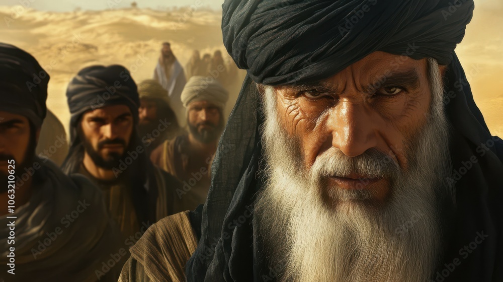 close-up shot of Prophet Moses, with a long white beard and a dark turban, leading his followers through the desert. close-up shot of Prophet Moses, with a long white beard and a dark turban, leading his followers through the desert.