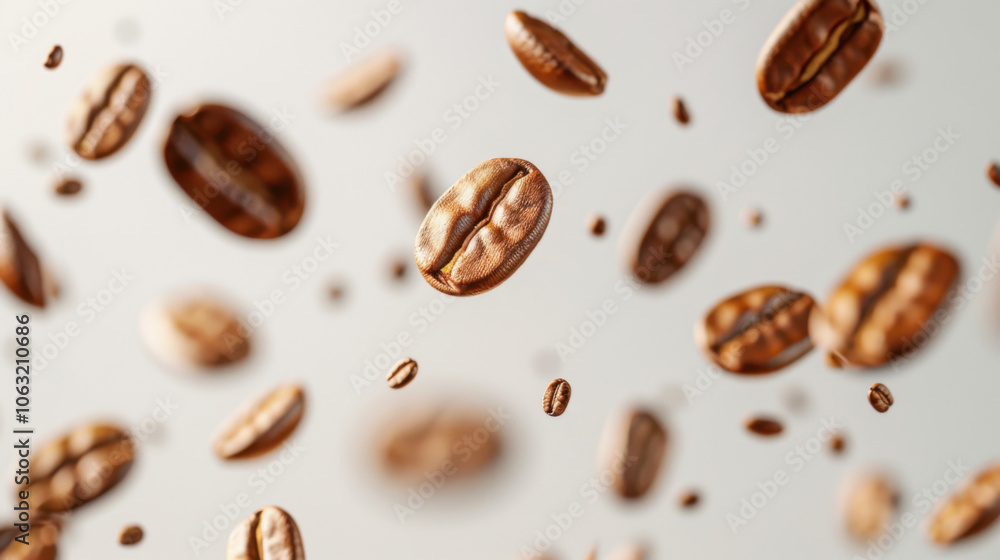 Various falling fresh ripe Coffee beans on light white background, horizontal composition Various falling fresh ripe Coffee beans on light white background, horizontal composition