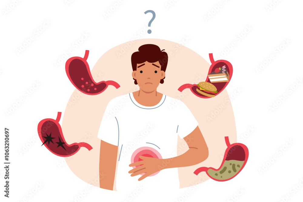 Digestion problems in man standing among stomachs are caused by unknown reasons. Guy with question above head is thinking about way to restore healthy digestion and get rid of gastritis or heartburn