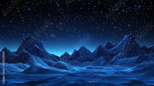 Abstract night Mountains digital landscape. Digital low poly wireframe vector illustration with 3D effect. Panorama of geometric peaks and starry sky on a technology blue background. Connected dots.