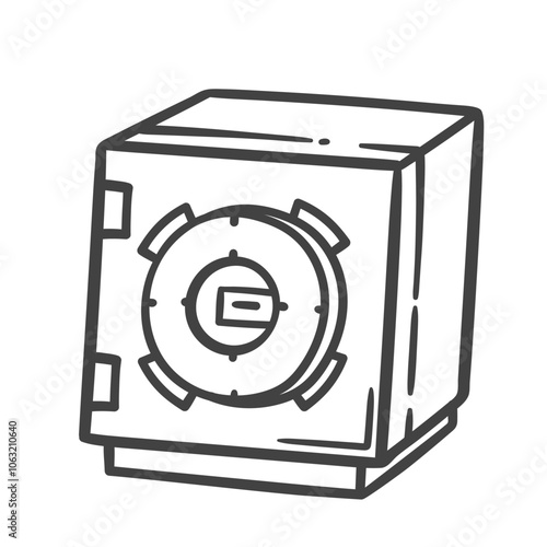 Metal safe with closed door line icon. Outline hand drawn vintage bank vault storage for money, deposit safety. Investment security mascot, steel safe with wheel lock icon vector illustration