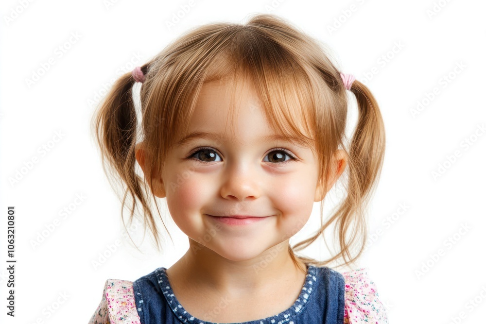 Cute little girl with pigtails smiling and making eye contact with the camera while tilting her head slightly Isolated on white background Cute little girl with pigtails smiling and making eye contact with the camera while tilting her head slightly Isolated on white background