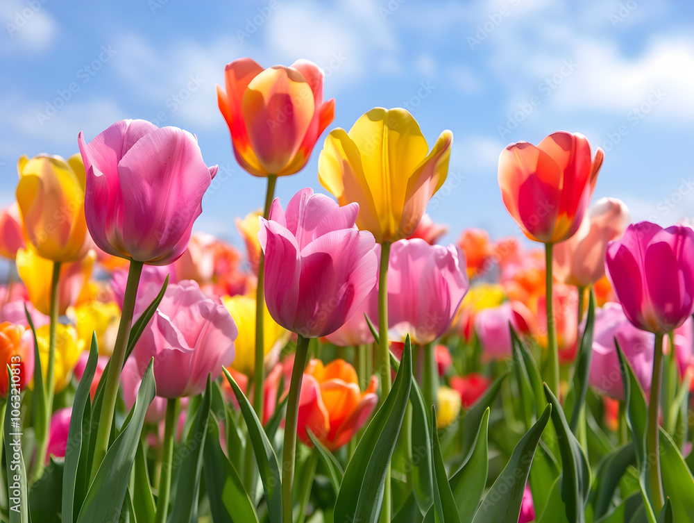 A colorful field of tulips in full bloom, captured in a vibrant raw photography style. A colorful field of tulips in full bloom, captured in a vibrant raw photography style.
