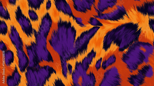 Furry leopard tiger animal print fur in orange purple black white spring vibrant colored spot stripe seamless patchwork pattern. fashion trendy graffiti background for fabric design wallpaper	