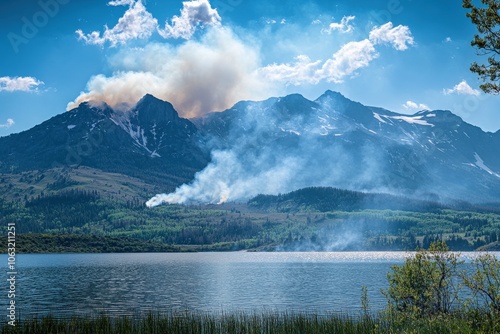 Wildfire Disaster: Forest Fire Creates Massive Smoke Plume in Lake County Colorado with Mountain Peaks in Background