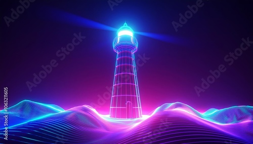 Futuristic Lighthouse with Neon Light Beams Standing on Glowing Cyber Terrain in Abstract Digital Landscape with Sci-Fi Atmosphere