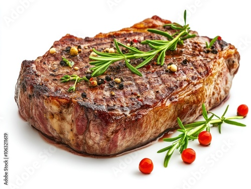 Grilled beef steak with a golden brown sear and a juicy interior, garnished with herbs Isolated on white background