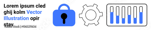 Blue lock symbol, gray gear, five test tubes with blue liquid in graph. Ideal for data security, technological processes, scientific research, data analysis, information security, laboratory work