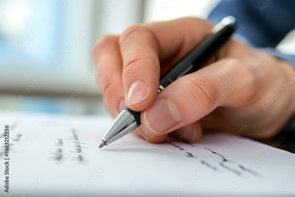 Businessman writing notes on paper with pen in office Businessman writing notes on paper with pen in office