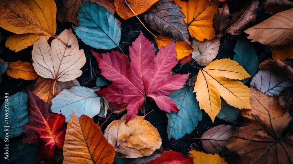 Leaves on the ground forming a vibrant mosaic of fall colors, creating a cozy scene