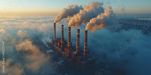 Smoking chimneys of the plant against the background of the city. Pollution, exhaust gases, industry. Nature, ecology, environmental protection