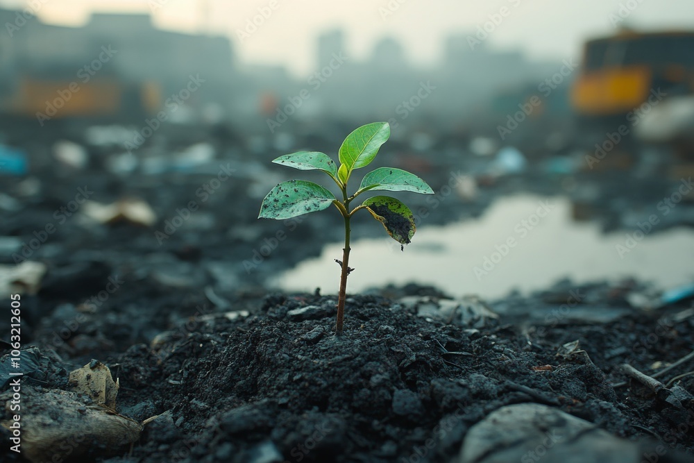 Close-up of a sprout growing from dirty soil with trash. Nature, ecology, environmental protection Close-up of a sprout growing from dirty soil with trash. Nature, ecology, environmental protection