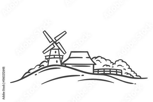 Wind mill and farm barn on field, countryside scene line icon. Outline hand drawn rustic landscape with windmill to grind wheat. Village, ranch mascot, farm buildings icon vector illustration