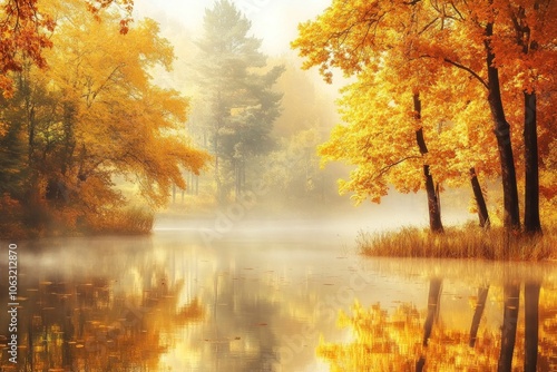 Misty autumn lake scene with reflections of golden trees and soft, morning fog