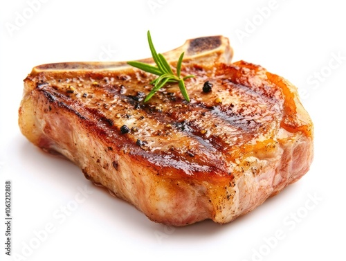 Perfectly cooked pork chop steak with a lightly charred surface and a succulent, moist center Isolated on white background