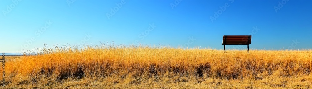 A Wooden Bench Overlooking Golden Grass and a Blue Sky A Wooden Bench Overlooking Golden Grass and a Blue Sky