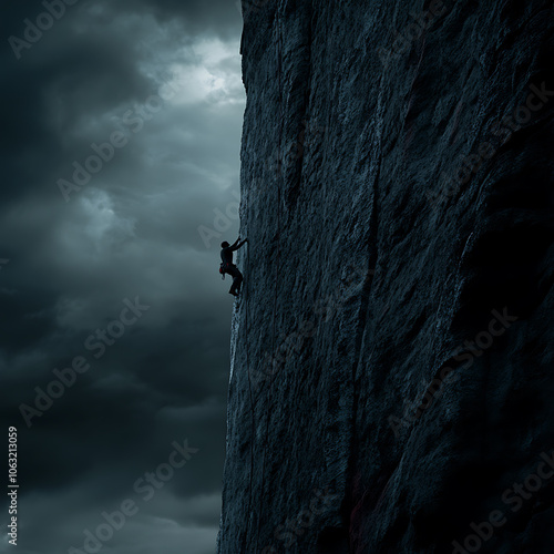 lone climber scaling sheer cliff face against dramatic sky, showcasing determination and strength photo