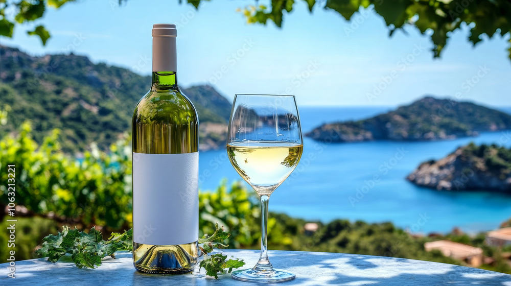 A bottle and glass of white wine sit on a table overlooking a beautiful coastal landscape, framed by lush greenery and blue water.
A bottle and glass of white wine sit on a table overlooking a beautiful coastal landscape, framed by lush greenery and blue water.