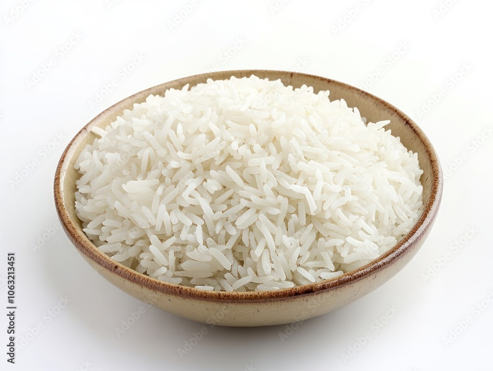 Plate of plain jasmine rice served hot and ready to accompany a meal Isolated on white background Plate of plain jasmine rice served hot and ready to accompany a meal Isolated on white background