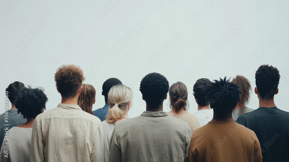 Obraz premium A diverse group of individuals seen from behind, standing side by side against a plain background, symbolizing unity and community. 