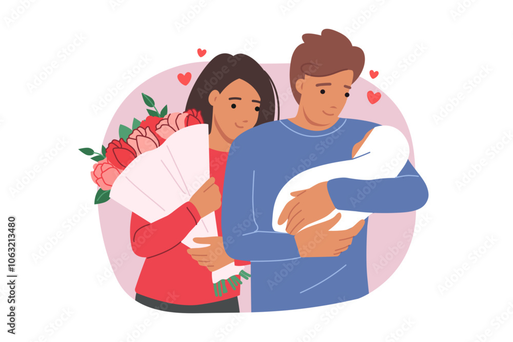Parents of newborn hold baby and bouquet of flowers given to mother on day of discharge from hospital. Man and woman enjoy first days of son birth, rejoicing in expansion of family.