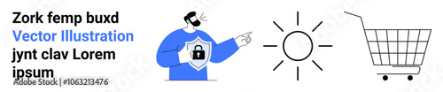 Man in blue with shield and lock symbol, pointing at the sun, next to a shopping cart. Ideal for security services, e-commerce, customer service, online shopping, transparency, weather apps, digital