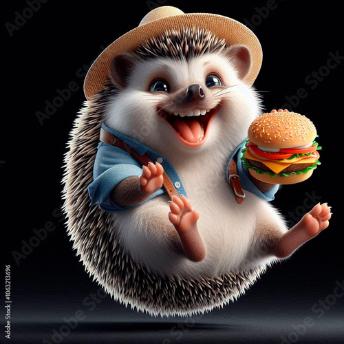 Funny hedgehog with a burger in his paw on a black background