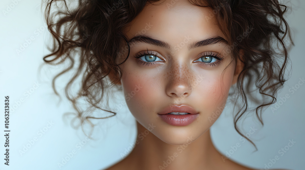 young woman with curly hair and clear skin, showcasing natural beauty and vibrant blue eyes, exuding confidence and charm young woman with curly hair and clear skin, showcasing natural beauty and vibrant blue eyes, exuding confidence and charm
